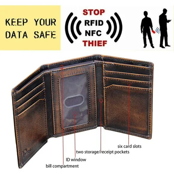 Men Full Grain Leather with Hand Burnished TriFold  Black and Brown color Wallet - Picture 2 of 7